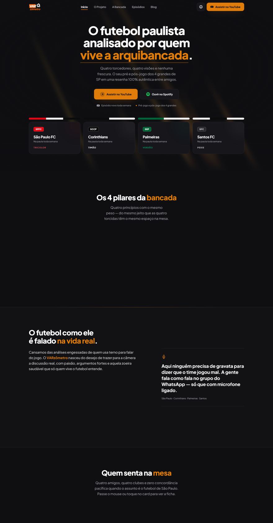 Página inicial do site do VARzômetro: fundo escuro, manchete “O futebol paulista analisado por quem vive a arquibancada” e cards dos quatro clubes.